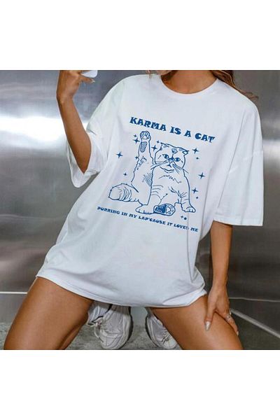 Touz Το Karma Is A Cat Printed White Unisex Oversize μπλουζάκι