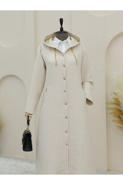 Modamorfo Long Quilted Coat with Chain Detail on Collar -Stone