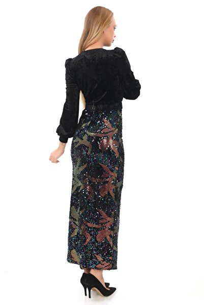 lodmela Φόρεμα με διπλό γιακά με παγιέτες βελούδο 2750-Μαύρο/Χάλκινο