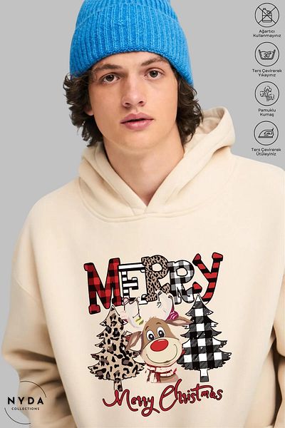Nyda Collections Unisex Πρωτοχρονιάτικο ελάφι Καλά Χριστούγεννα με στάμπα Oversize φούτερ με κουκούλα
