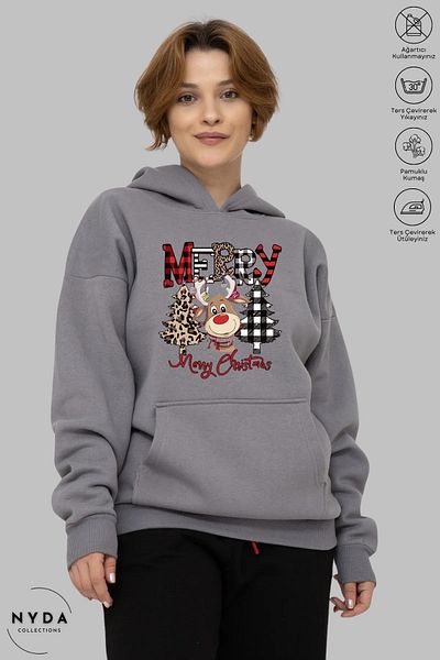 Nyda Collections Unisex Πρωτοχρονιάτικο ελάφι Καλά Χριστούγεννα με στάμπα Oversize φούτερ με κουκούλα