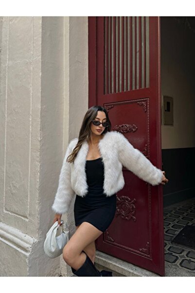 Elegance Scarf Yakasız Premium Ithal Lolita Kürk Mont Ceket Gelin Bolero Gelin Kürk Ceket Beyaz