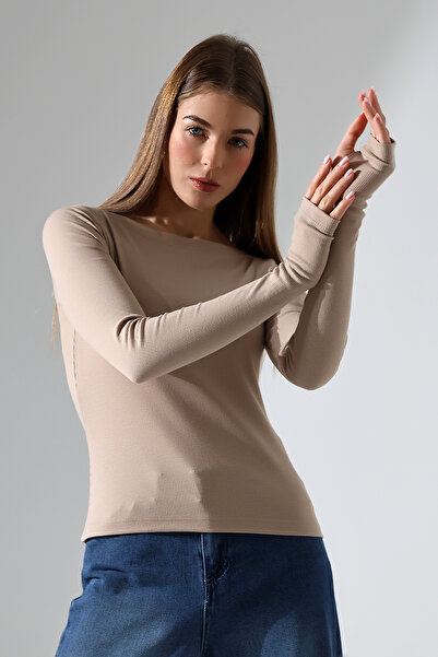 Şiir Μπλούζα και μπλούζα με μακρυμάνικη καμιζόλα Mink Boat Neck με λεπτομέρεια στα δάχτυλα - Σχέδιο με ραβδώσεις