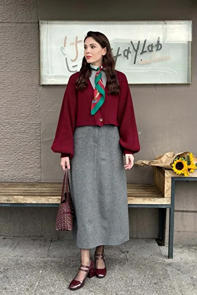 Ceylan Otantik Burgundy Balloon Sleeve Knitwear Cardigan - Anthracite Stamp Pencil Skirt