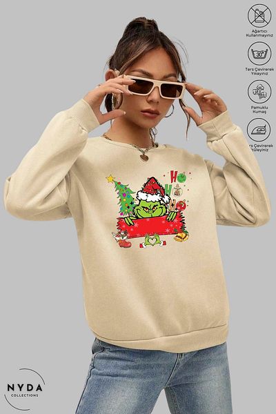 Nyda Collections Unisex μακρυμάνικη καρδιά Grinch Χριστουγεννιάτικη στάμπα με λαιμόκοψη χωρίς κουκούλα Raster Oversize φούτερ
