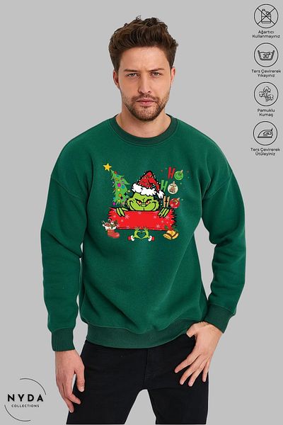 Nyda Collections Unisex μακρυμάνικη καρδιά Grinch Χριστουγεννιάτικη στάμπα με λαιμόκοψη χωρίς κουκούλα Raster Oversize φούτερ