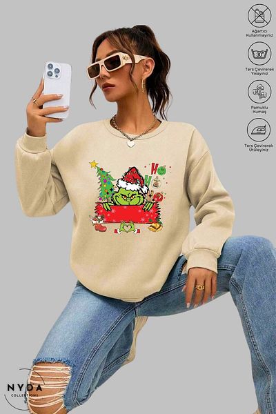 Nyda Collections Unisex μακρυμάνικη καρδιά Grinch Χριστουγεννιάτικη στάμπα με λαιμόκοψη χωρίς κουκούλα Raster Oversize φούτερ