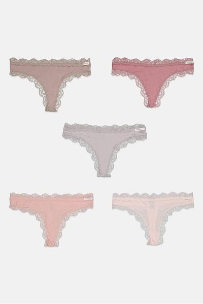 Tahari Women 5 Pieces Laced Pull On Thong Panties, Pink