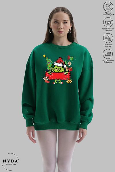 Nyda Collections Unisex μακρυμάνικη καρδιά Grinch Χριστουγεννιάτικη στάμπα με λαιμόκοψη χωρίς κουκούλα Raster Oversize φούτερ