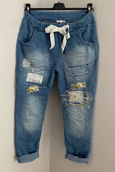 AYASOFYA OTANTIK Pantaloni de damă, italieni, albastru deschis, cu talie elastică, petice / scrise, skinny