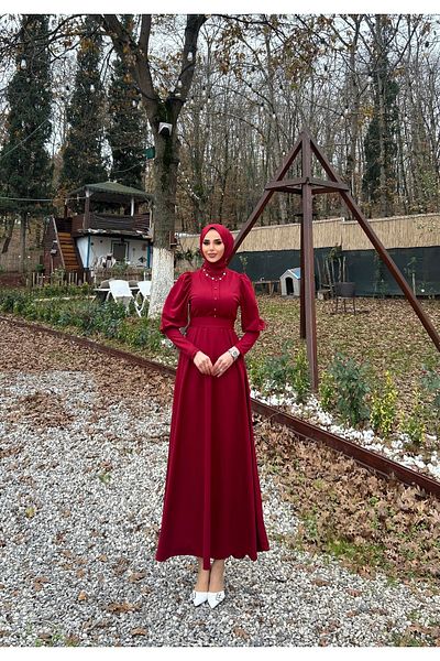 ENKA BUTİK Chila Balloon Sleeve Hijab Dress with Beading Detail on the Front