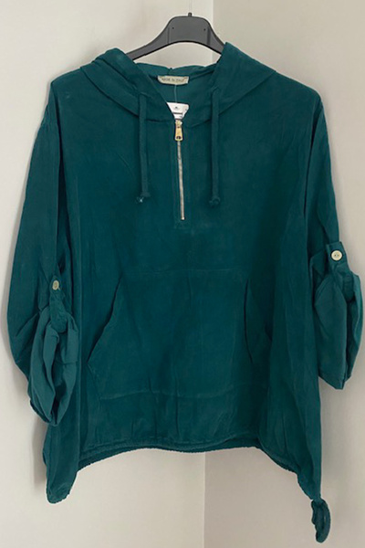 AYASOFYA OTANTIK Жіночий італійський пентров кангуру з кишенями на блискавці, капюшоном та оверсайз оксамитовий светр