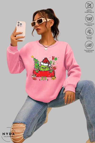Nyda Collections Unisex μακρυμάνικη καρδιά Grinch Χριστουγεννιάτικη στάμπα με λαιμόκοψη χωρίς κουκούλα Raster Oversize φούτερ