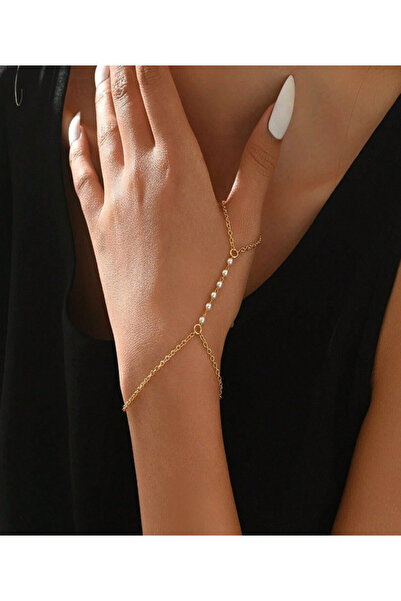 Mupten Women's Row Pearl Thin Gold Chain Design Şahmeran Bracelet