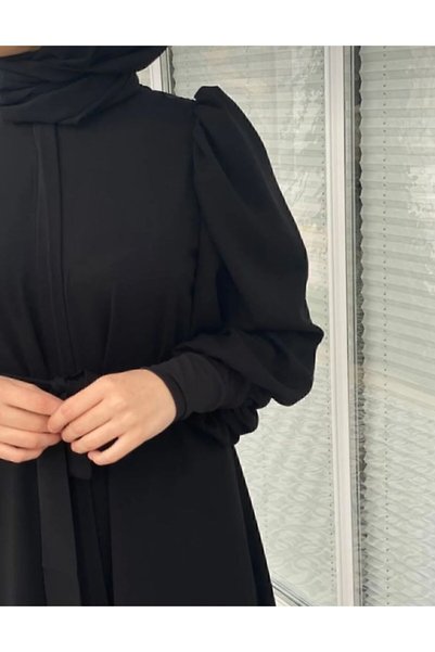 Bayram Giyim Medina Silk Shoulder Gathered Balloon Sleeve Ferace Black