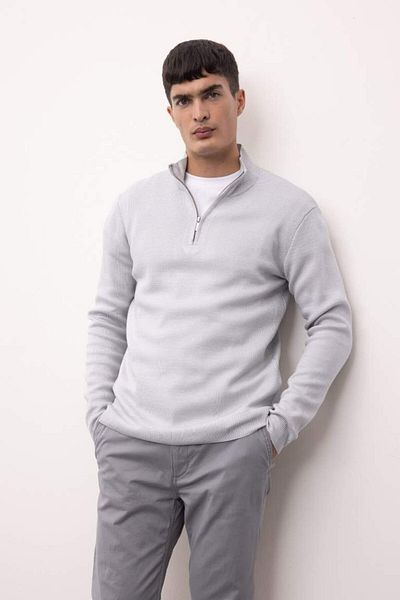 DeFacto Gray Standard Fit Regular Cut Stand Collar Zippered Basic Plain Knitwear Sweater