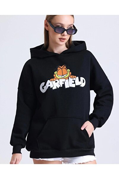 Marco Fresco Unisex-siyah Garfield Baskılı Organik Pamuklu 3 Iplik Oversize Sweatsirt Hoodie