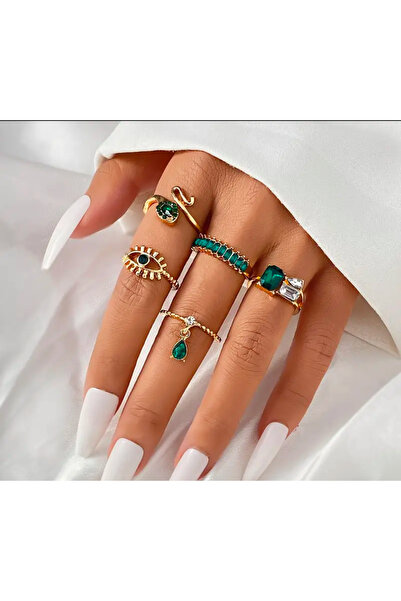 Butik 5 PARÇA ŞIK YEŞİL TAŞLI YÜZÜK SETİ