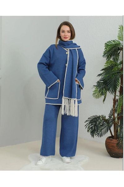 CELT Baby Blue Women's Knitwear Set - Buttons, Pockets and Scarf