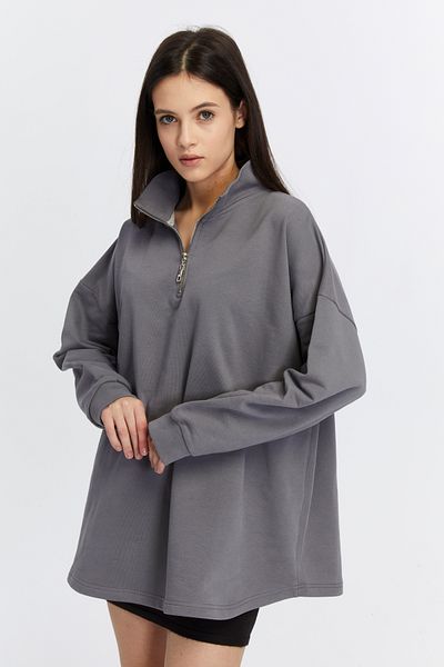 BASICA Jery Women's Smoked Gray 100% Cotton Stand Collar Half Zipper Oversize Sweatshirt