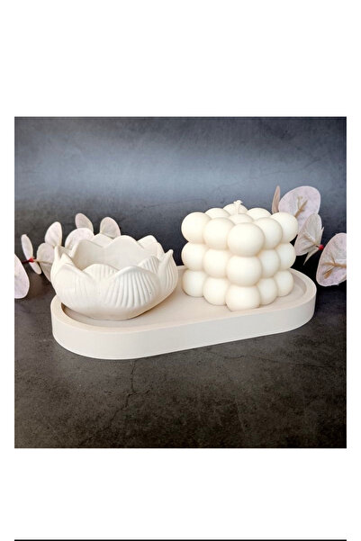 LALEZEN HOME Beyaz standlı Bubble  Kokulu Mum ve Gül Takı Kutusu Seti