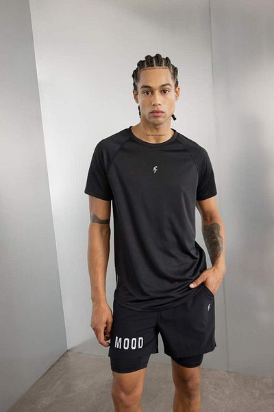 DeFacto DeFactoFit Μαύρο Slim Fit Αθλητικό κοντομάνικο μπλουζάκι με στάμπα με λαιμόκοψη