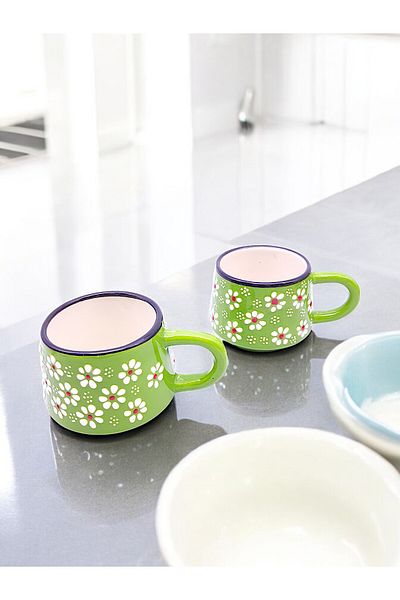 sharp&art 2-Piece Tee and Coffee Cup Set with Colorful, Hand Crawed, 6 Different Colorful Embroidered Chamomile Pattern