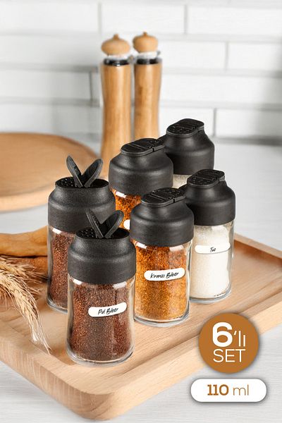 Vienev Set of 6 Double Lid Glass Spice Dispensers 110 ml