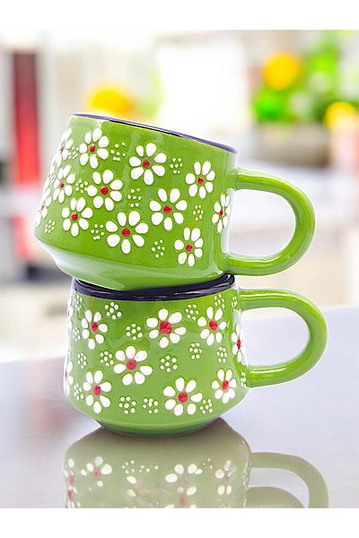 sharp&art 2-Piece Tee and Coffee Cup Set with Colorful, Hand Crawed, 6 Different Colorful Embroidered Chamomile Pattern