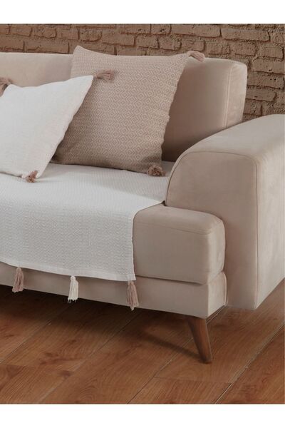 Lux Touch Liva Ponponlu Ekru Koltuk Örtüsü 115 x 200 cm Kanepe Divan Çekyat Berjer Örtüsü Şalı Püsküllü