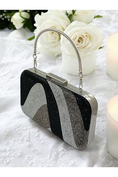 MidStore Design special, negru, argintiu, platină, mâner metalic, piatră de cristal, geantă pentru rochie de seară, nuntă, logodna, absolvire cu henna