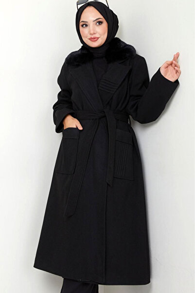 MissThetis Kürklü Yakası Büyük Cebi Nervür Dikiş Detaylı Bağlamalı Kuşaklı Ra...