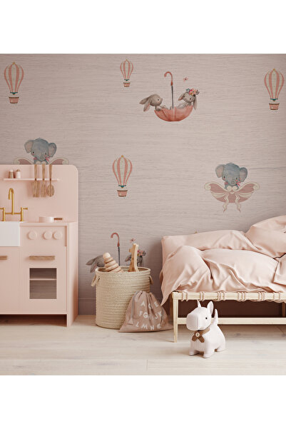 Tasarım Uçan Balonlar Minimal Desenli Fil ve Tavşanlar Çocuk Odası Duvar Kağıdı
