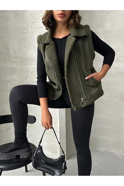TOPSHOW Suede Collar Sheepskin Vest with Fur Inside and Zipper