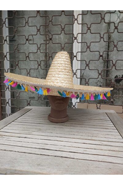 AKTEZ-EL Оригінальна мексиканська капелюх - велика солом'яна, з бахромою