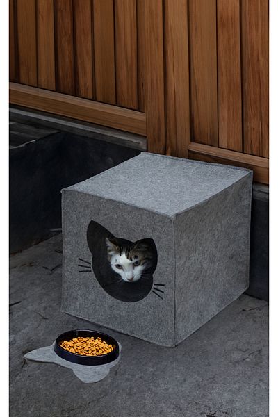 YUNUSOĞLU HOME Gray Felt Cat Nest - Decorative Food Bowl and Organizer