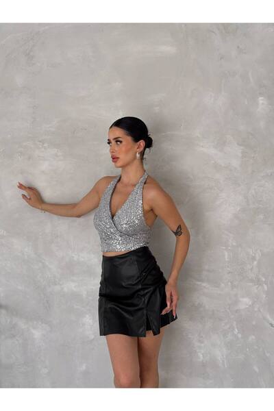 S&A Collectionn Women's Halter Neck Double Breasted Neck Sequined Bustier