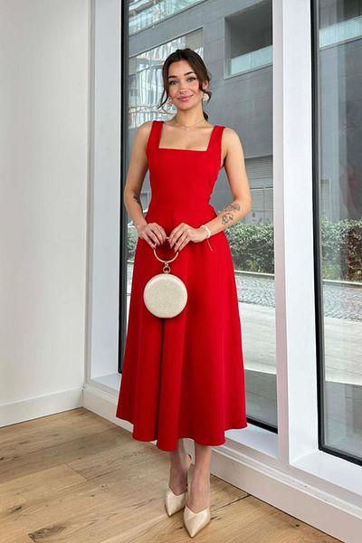 misigo Rochie roșie cu bretele groase pentru femei - Design cu gât pătrat de lungime midi 583208