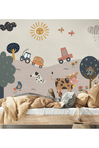 Tasarım Köy Hayatı Sevimli Hayvanlar Araçlar Çocuk Odası Duvar Kağıdı