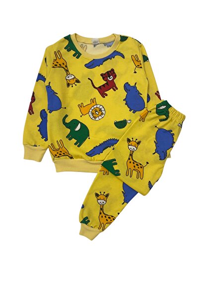 Şekerkids Erkek Çocuk İki İplik Pamuklu Şardonlu Sarı Hayvan Desenli Uzun Kollu Pijama Takımı