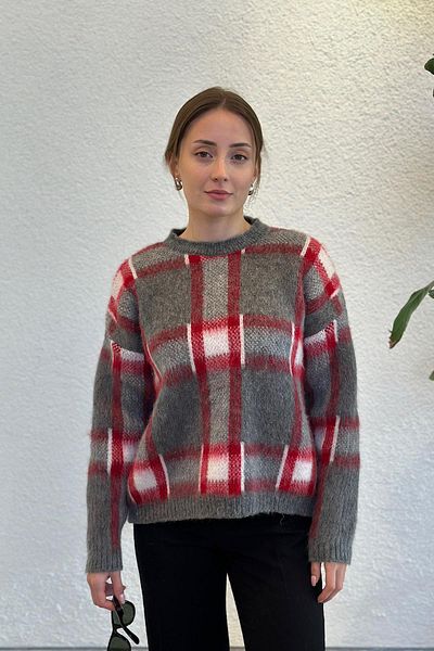 novon Pulover tricotat cu design moale la atingere cu detaliu în carouri