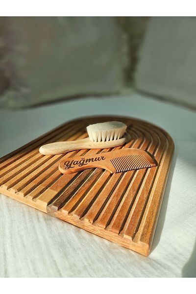 Lumini Baby Natural Goat Hair Baby Hair Brush and Comb with Holder