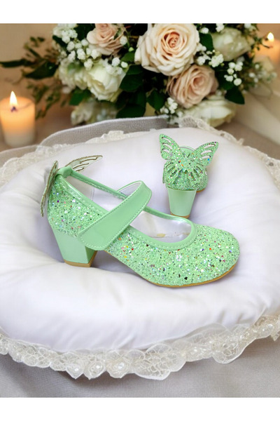 PATİK BEBE Green Color Heeled Butterfly Stylish Evening Shoes for Girls