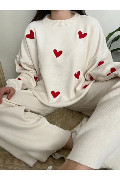 POLANGEL White Crew Neck Heart Sweater and Pants Knitwear Set - 1344