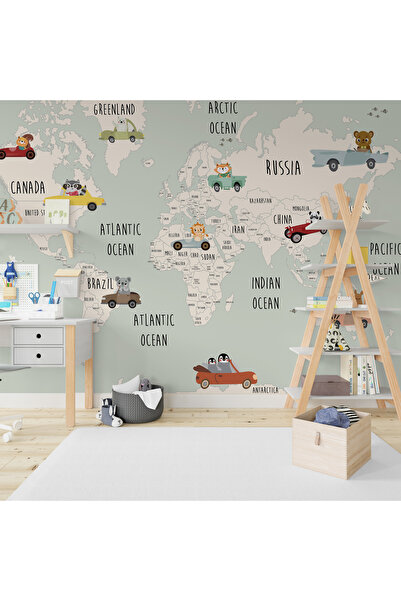 Tasarım Arabalar Dünya Haritası Ülke İsimleri Çocuk Odası Duvar Kağıdı