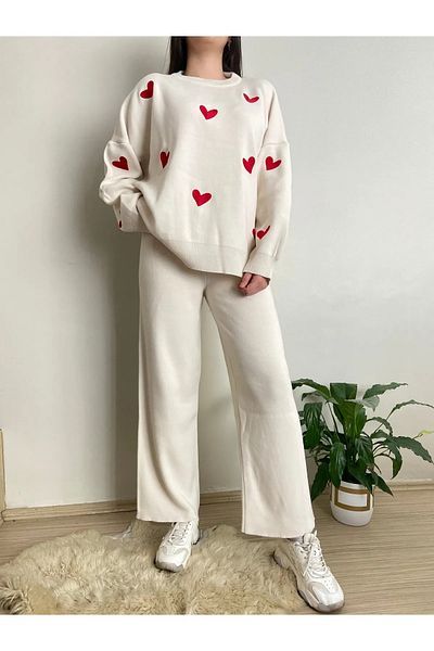 POLANGEL White Crew Neck Heart Sweater and Pants Knitwear Set - 1344
