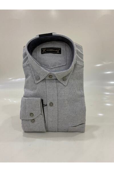 BURSPA Πουκάμισο μπαμπά σε ανοιχτό γκρι χρώμα, ίσιο χειμερινό μονόχρωμο πουκάμισο με μονό τσέπη