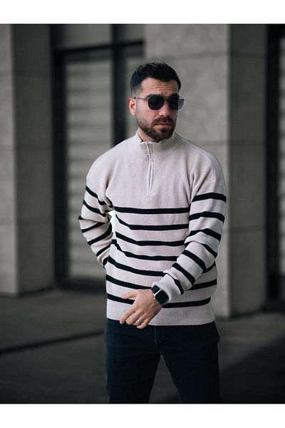 Baycombine35 Men's Stand Collar Half Zipper Thin Striped Knitwear Sweater