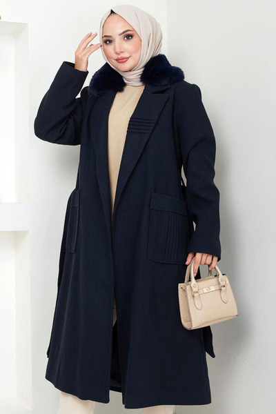 Naliru Büyük Geniş Cepli Nervür Dikiş Detaylı Yakası Çıkarılabilir Kürklü Mid...