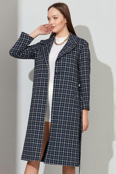 Naliru Ekoseli Kareli Desenli Bağlanabilir Kuşaklı Midi Boy Ceket Yaka Uzun K...